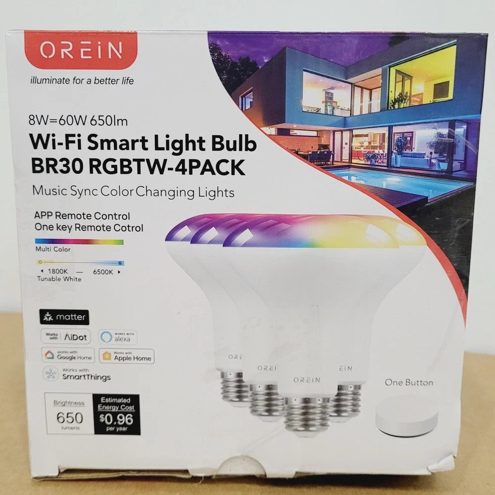 OREiN Matter BR30 Smart LED Bulb 4-Pack E26 WiFi Color Change Music‎ Sync